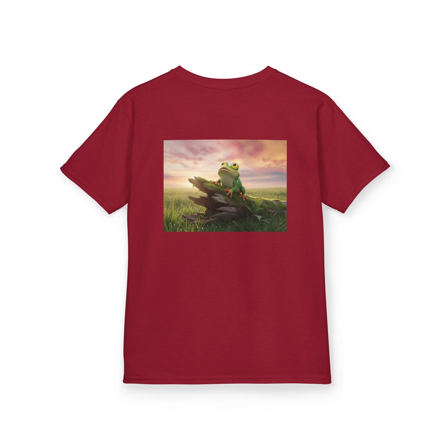 Kids Farley the Frog Tee — Cute Wide‑Eyed Frog Graphic T-Shirt (Front Face + Back Meadow Scene)