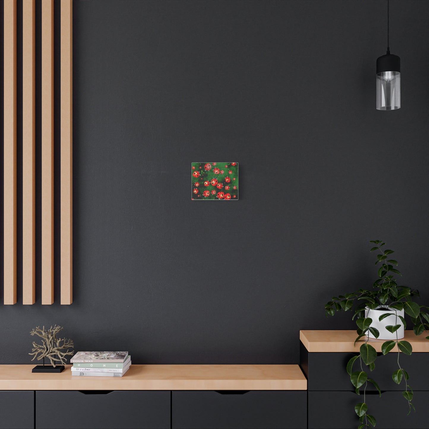 Ladybug Garden Canvas Print — Whimsical Red Ladybugs on Green Background, Stretched Matte Wall Art