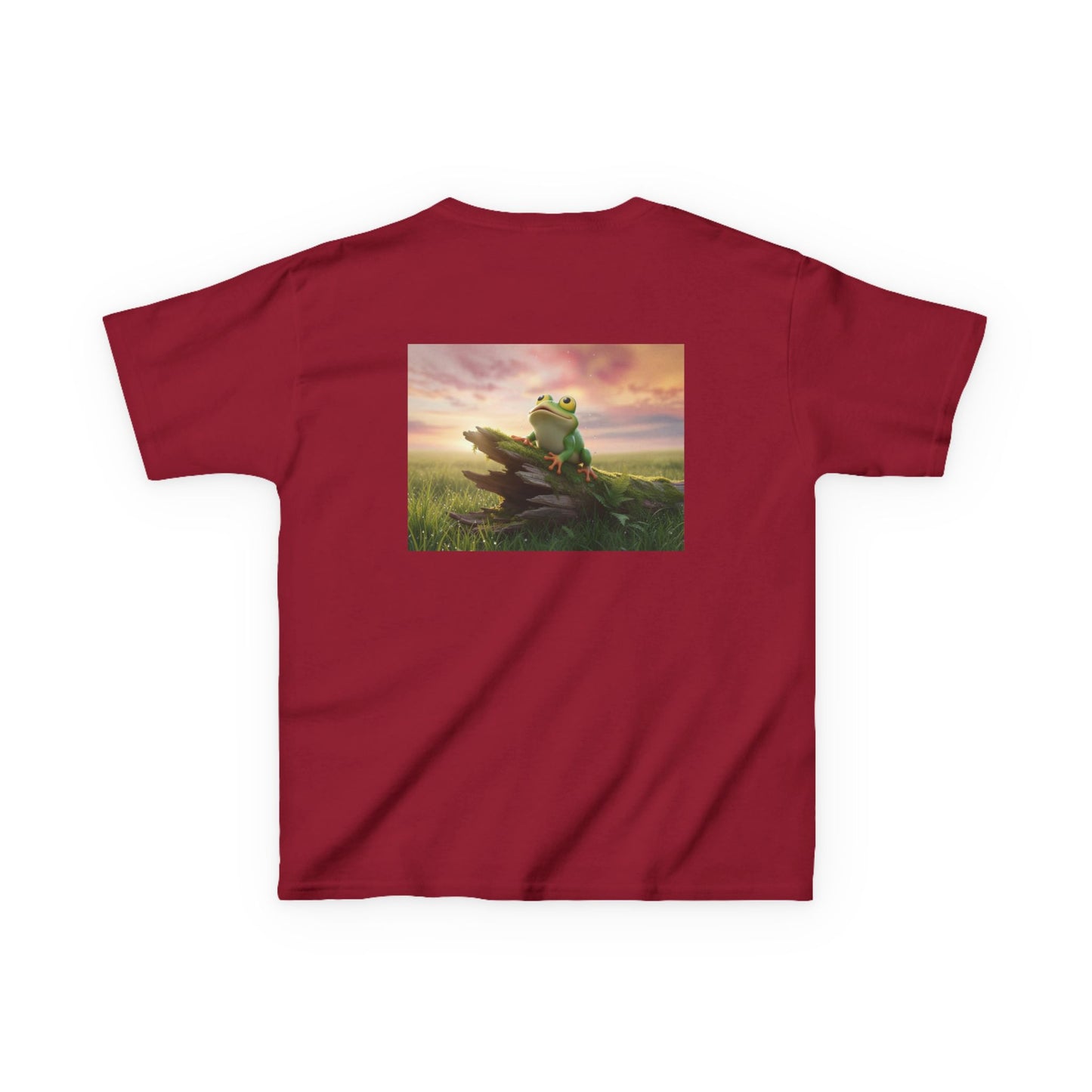 Kids Farley the Frog Tee — Cute Wide‑Eyed Frog Graphic T-Shirt (Front Face + Back Meadow Scene)