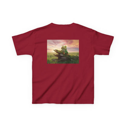 Kids Farley the Frog Tee — Cute Wide‑Eyed Frog Graphic T-Shirt (Front Face + Back Meadow Scene)