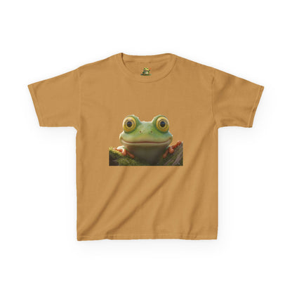 Kids Farley the Frog Tee — Cute Wide‑Eyed Frog Graphic T-Shirt (Front Face + Back Meadow Scene)