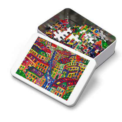 Cityscape Jigsaw Puzzle (Tin) — Colorful Abstract Village Puzzle for Adults & Kids