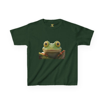 Kids Farley the Frog Tee — Cute Wide‑Eyed Frog Graphic T-Shirt (Front Face + Back Meadow Scene)