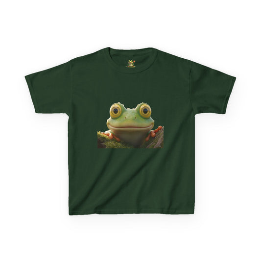 Kids Farley the Frog Tee — Cute Wide‑Eyed Frog Graphic T-Shirt (Front Face + Back Meadow Scene)