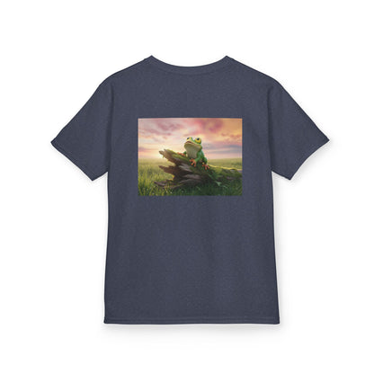 Kids Farley the Frog Tee — Cute Wide‑Eyed Frog Graphic T-Shirt (Front Face + Back Meadow Scene)