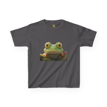 Kids Farley the Frog Tee — Cute Wide‑Eyed Frog Graphic T-Shirt (Front Face + Back Meadow Scene)