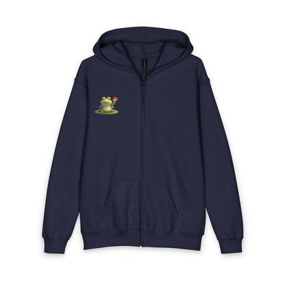 Kids Zip Hoodie - Cute Farley the Frog with on Lilypad Graphic