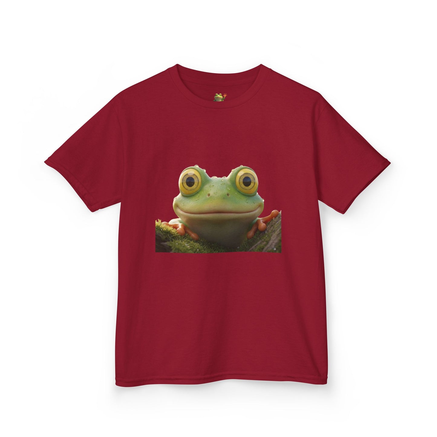 Kids Farley the Frog Tee — Cute Wide‑Eyed Frog Graphic T-Shirt (Front Face + Back Meadow Scene)