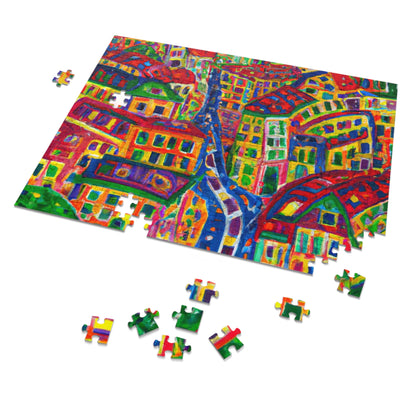 Cityscape Jigsaw Puzzle (Tin) — Colorful Abstract Village Puzzle for Adults & Kids