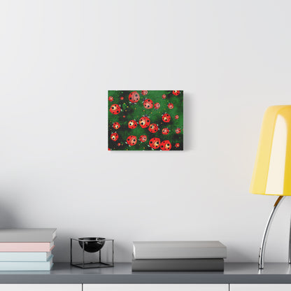 Ladybug Garden Canvas Print — Whimsical Red Ladybugs on Green Background, Stretched Matte Wall Art