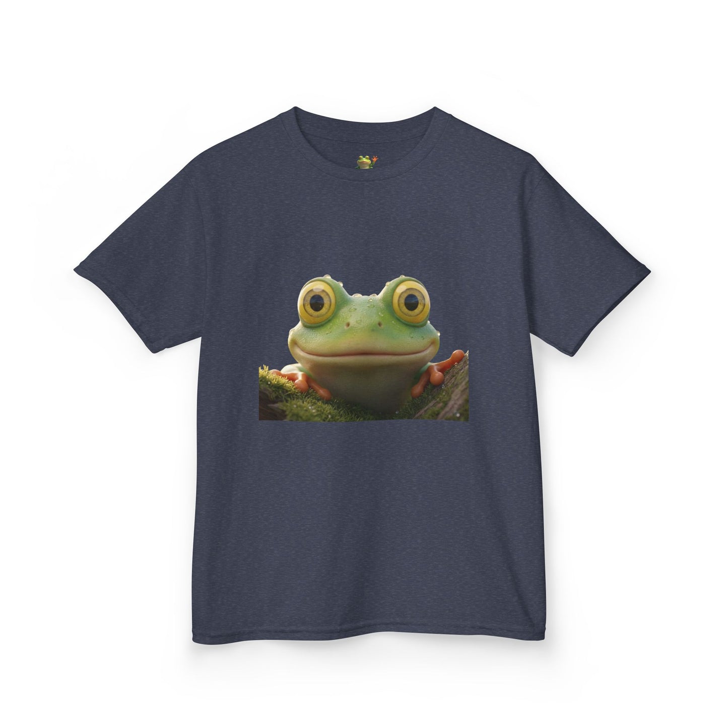 Kids Farley the Frog Tee — Cute Wide‑Eyed Frog Graphic T-Shirt (Front Face + Back Meadow Scene)