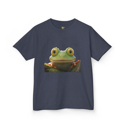 Kids Farley the Frog Tee — Cute Wide‑Eyed Frog Graphic T-Shirt (Front Face + Back Meadow Scene)