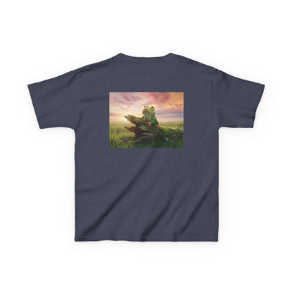 Kids Farley the Frog Tee — Cute Wide‑Eyed Frog Graphic T-Shirt (Front Face + Back Meadow Scene)