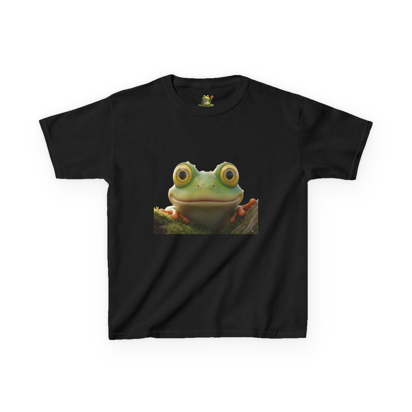 Kids Farley the Frog Tee — Cute Wide‑Eyed Frog Graphic T-Shirt (Front Face + Back Meadow Scene)
