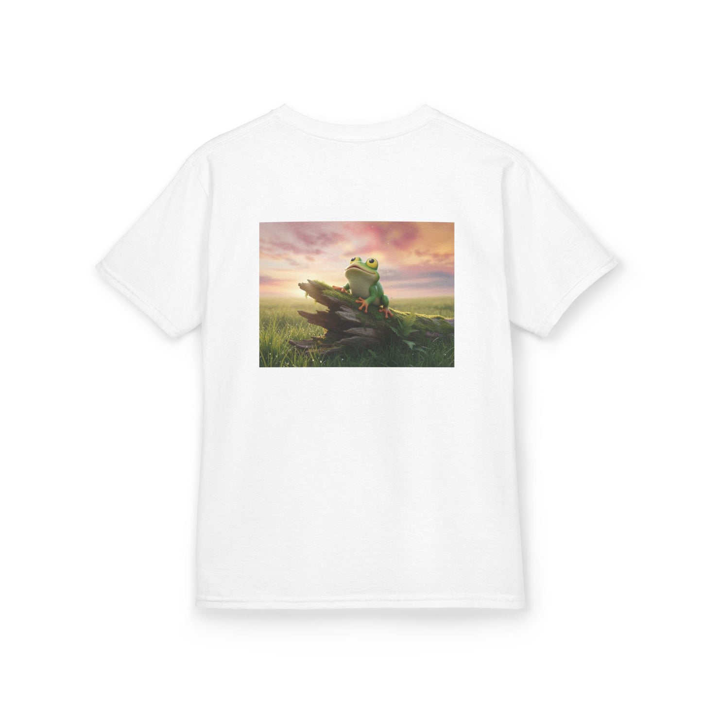 Kids Farley the Frog Tee — Cute Wide‑Eyed Frog Graphic T-Shirt (Front Face + Back Meadow Scene)