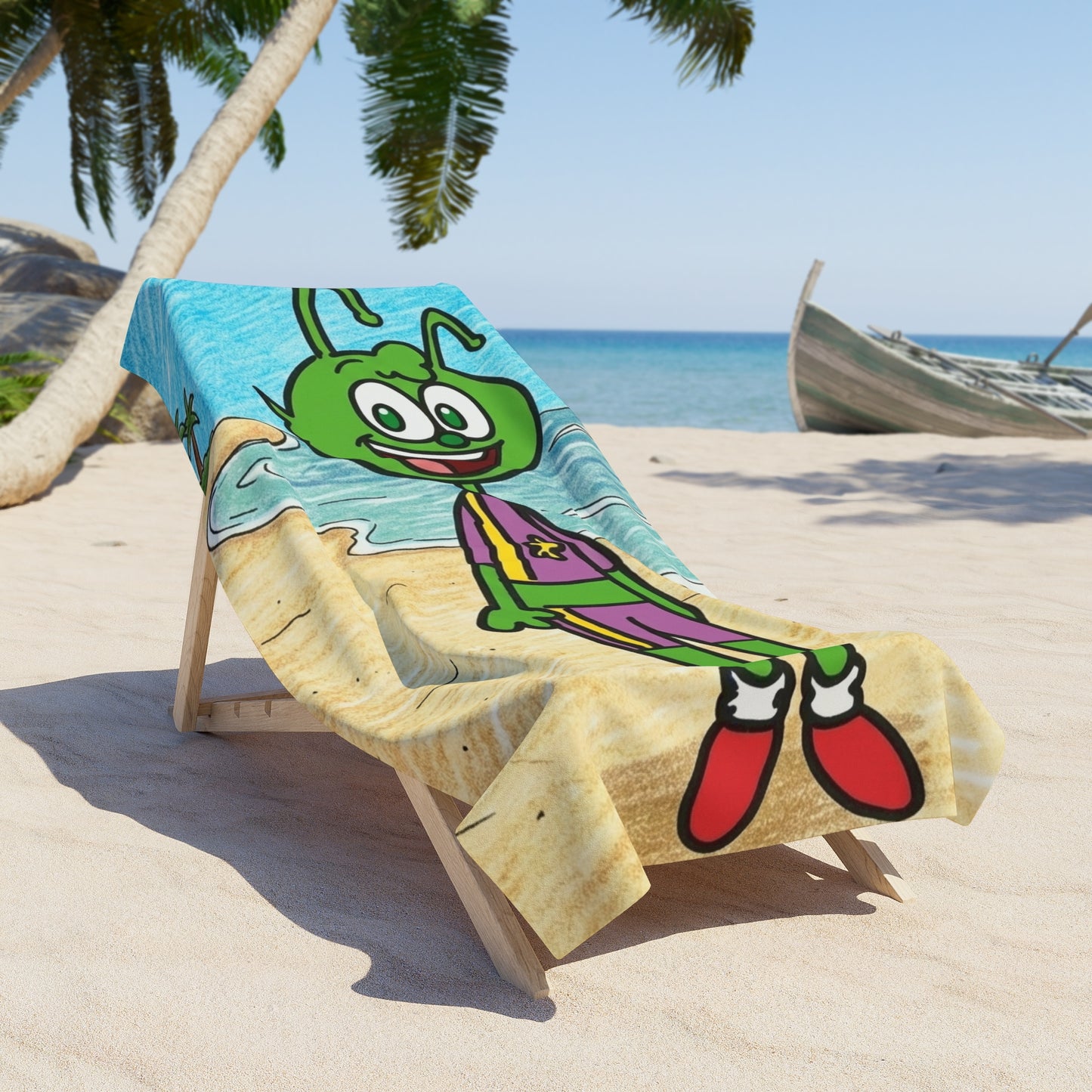 Maury the Martian Beach Towel — Cute Green Alien Cartoon Beach Towel