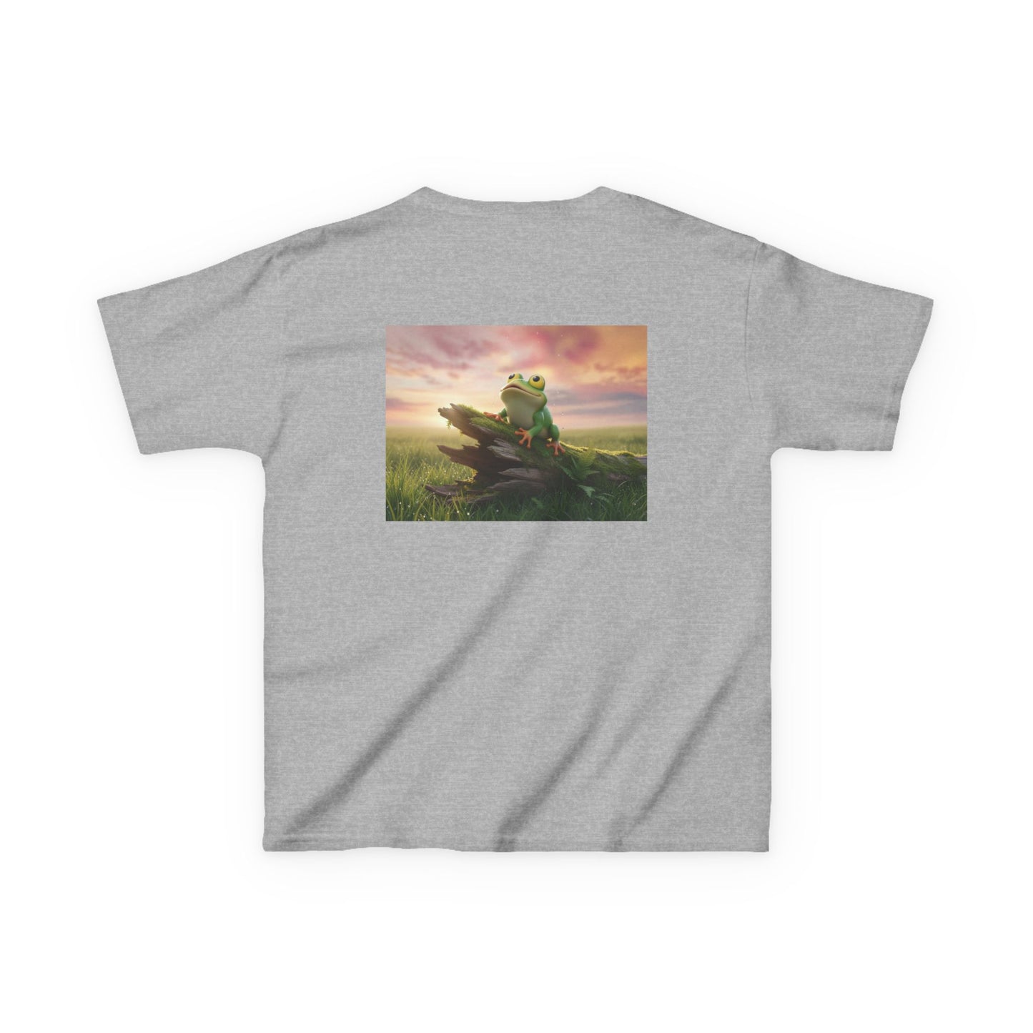 Kids Farley the Frog Tee — Cute Wide‑Eyed Frog Graphic T-Shirt (Front Face + Back Meadow Scene)