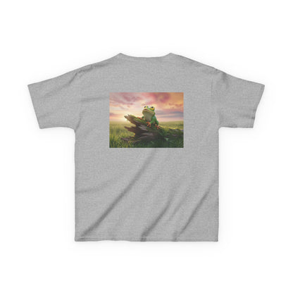 Kids Farley the Frog Tee — Cute Wide‑Eyed Frog Graphic T-Shirt (Front Face + Back Meadow Scene)