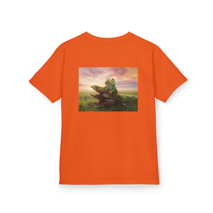 Kids Farley the Frog Tee — Cute Wide‑Eyed Frog Graphic T-Shirt (Front Face + Back Meadow Scene)