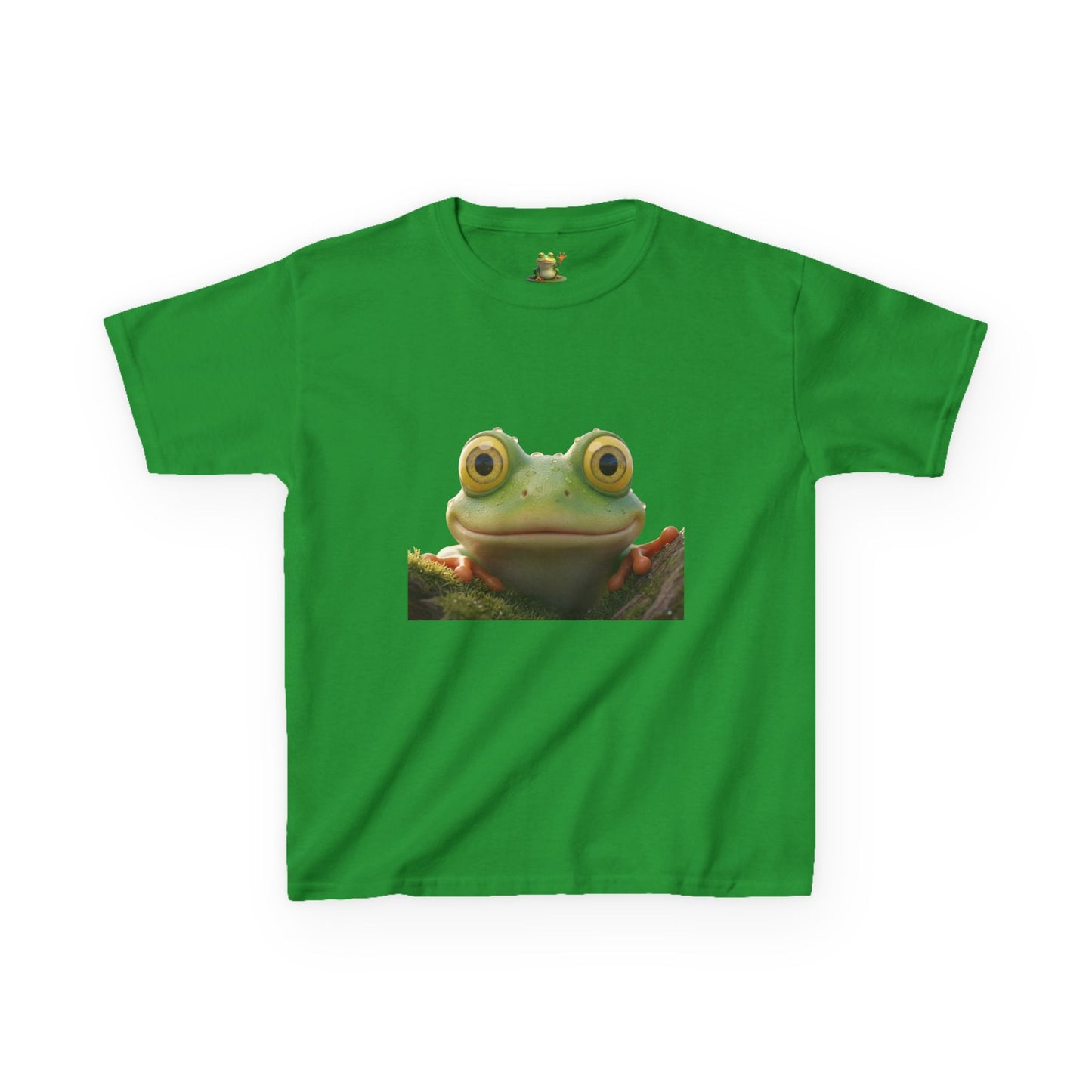 Kids Farley the Frog Tee — Cute Wide‑Eyed Frog Graphic T-Shirt (Front Face + Back Meadow Scene)