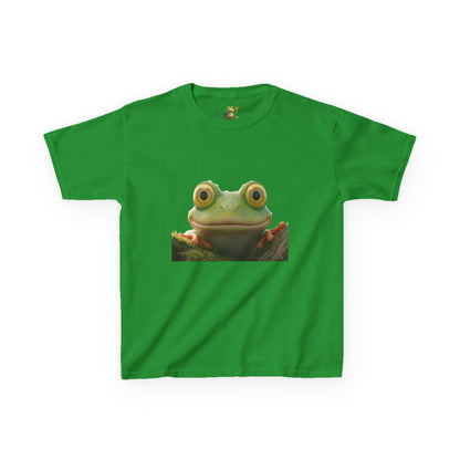 Kids Farley the Frog Tee — Cute Wide‑Eyed Frog Graphic T-Shirt (Front Face + Back Meadow Scene)