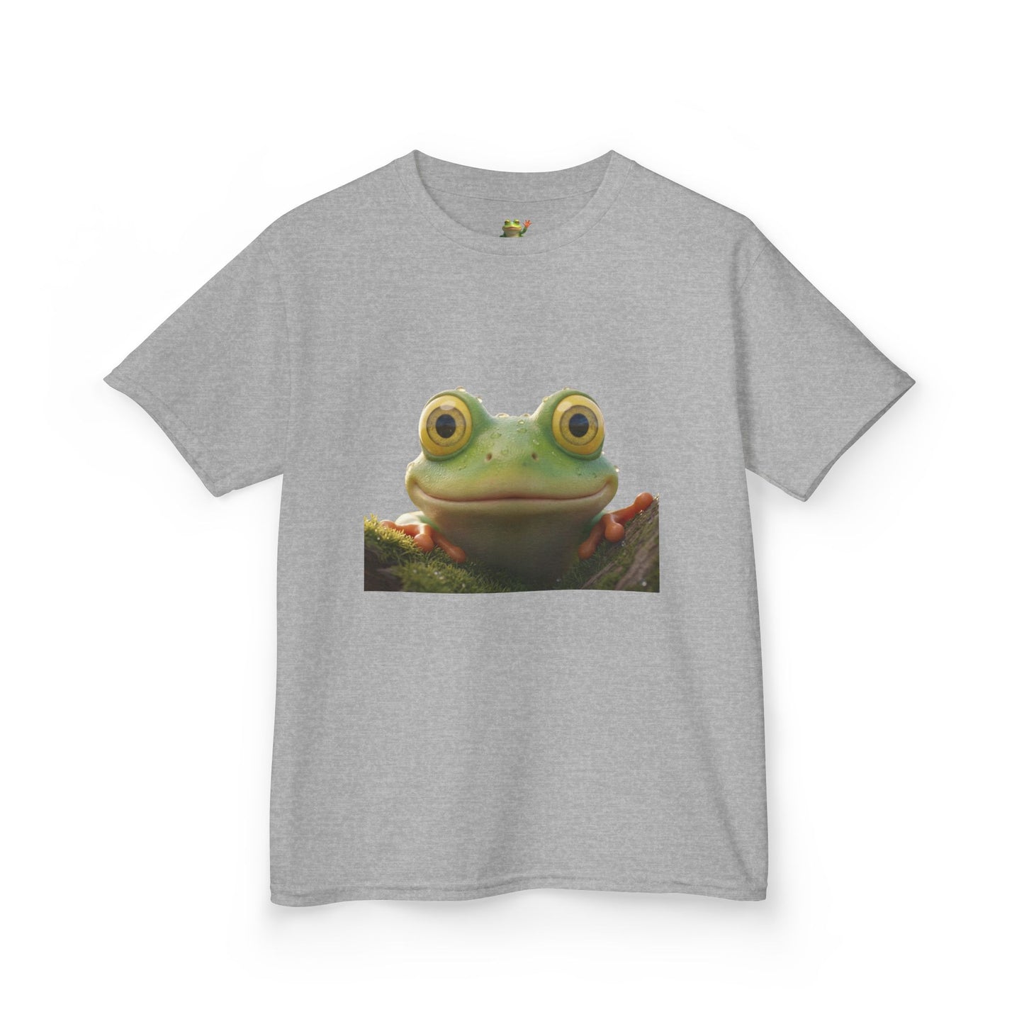 Kids Farley the Frog Tee — Cute Wide‑Eyed Frog Graphic T-Shirt (Front Face + Back Meadow Scene)