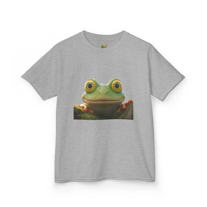 Kids Farley the Frog Tee — Cute Wide‑Eyed Frog Graphic T-Shirt (Front Face + Back Meadow Scene)