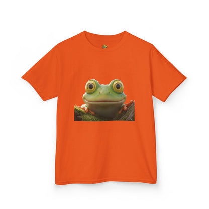 Kids Farley the Frog Tee — Cute Wide‑Eyed Frog Graphic T-Shirt (Front Face + Back Meadow Scene)