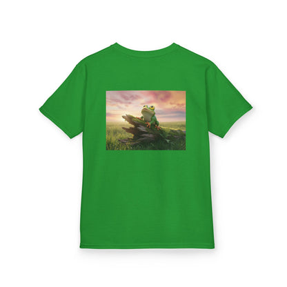 Kids Farley the Frog Tee — Cute Wide‑Eyed Frog Graphic T-Shirt (Front Face + Back Meadow Scene)