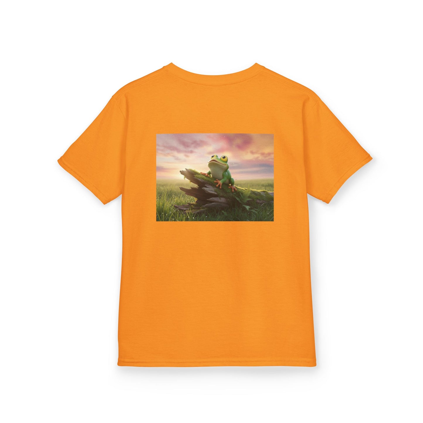 Kids Farley the Frog Tee — Cute Wide‑Eyed Frog Graphic T-Shirt (Front Face + Back Meadow Scene)