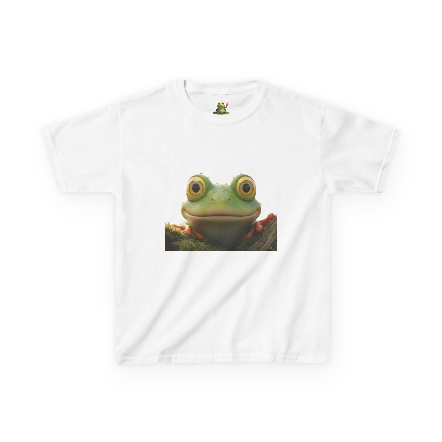 Kids Farley the Frog Tee — Cute Wide‑Eyed Frog Graphic T-Shirt (Front Face + Back Meadow Scene)