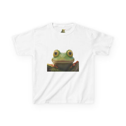 Kids Farley the Frog Tee — Cute Wide‑Eyed Frog Graphic T-Shirt (Front Face + Back Meadow Scene)