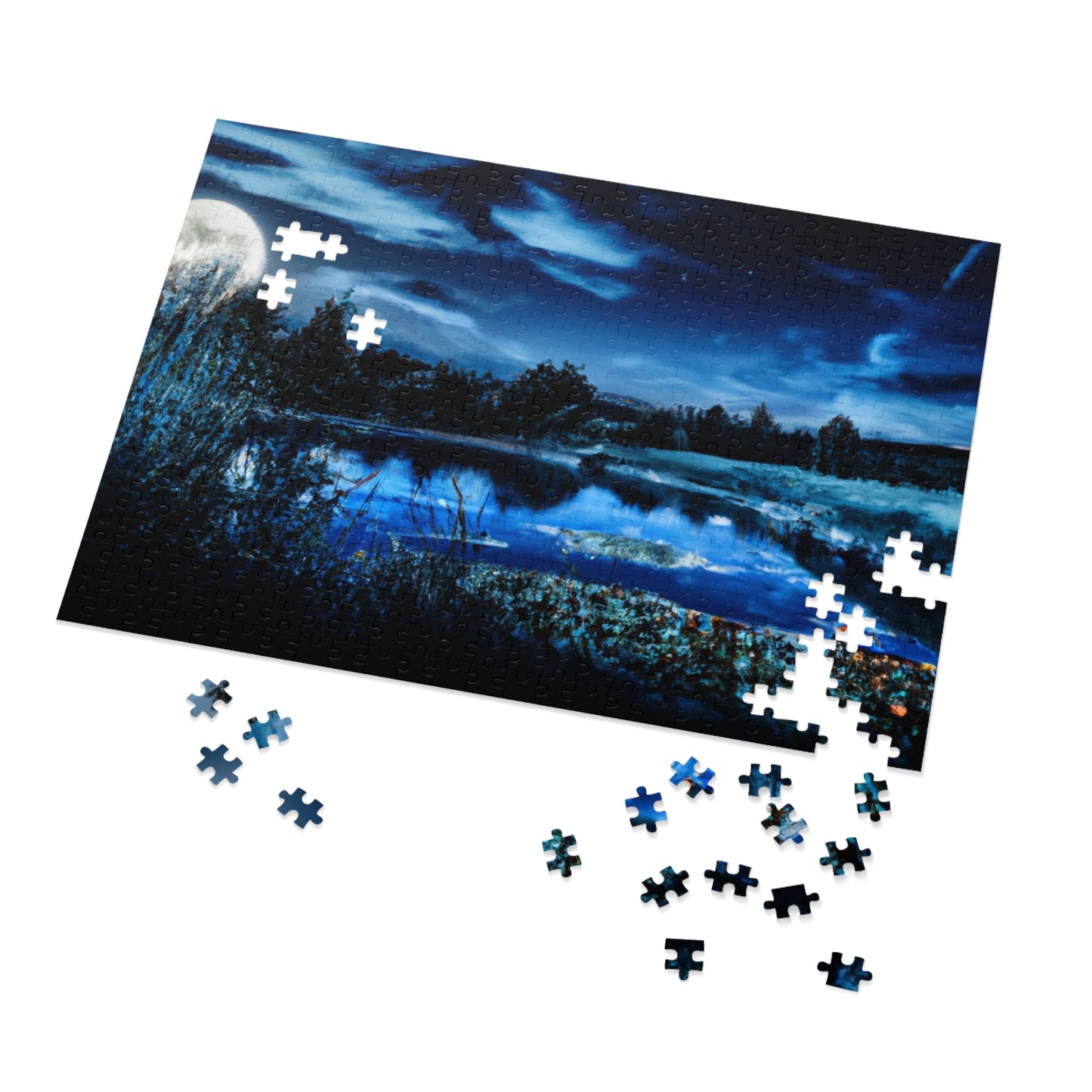 Moonlit Lake Jigsaw Puzzle with Tin – 110/252/500/1000-Piece Scenic Nightscape Gift