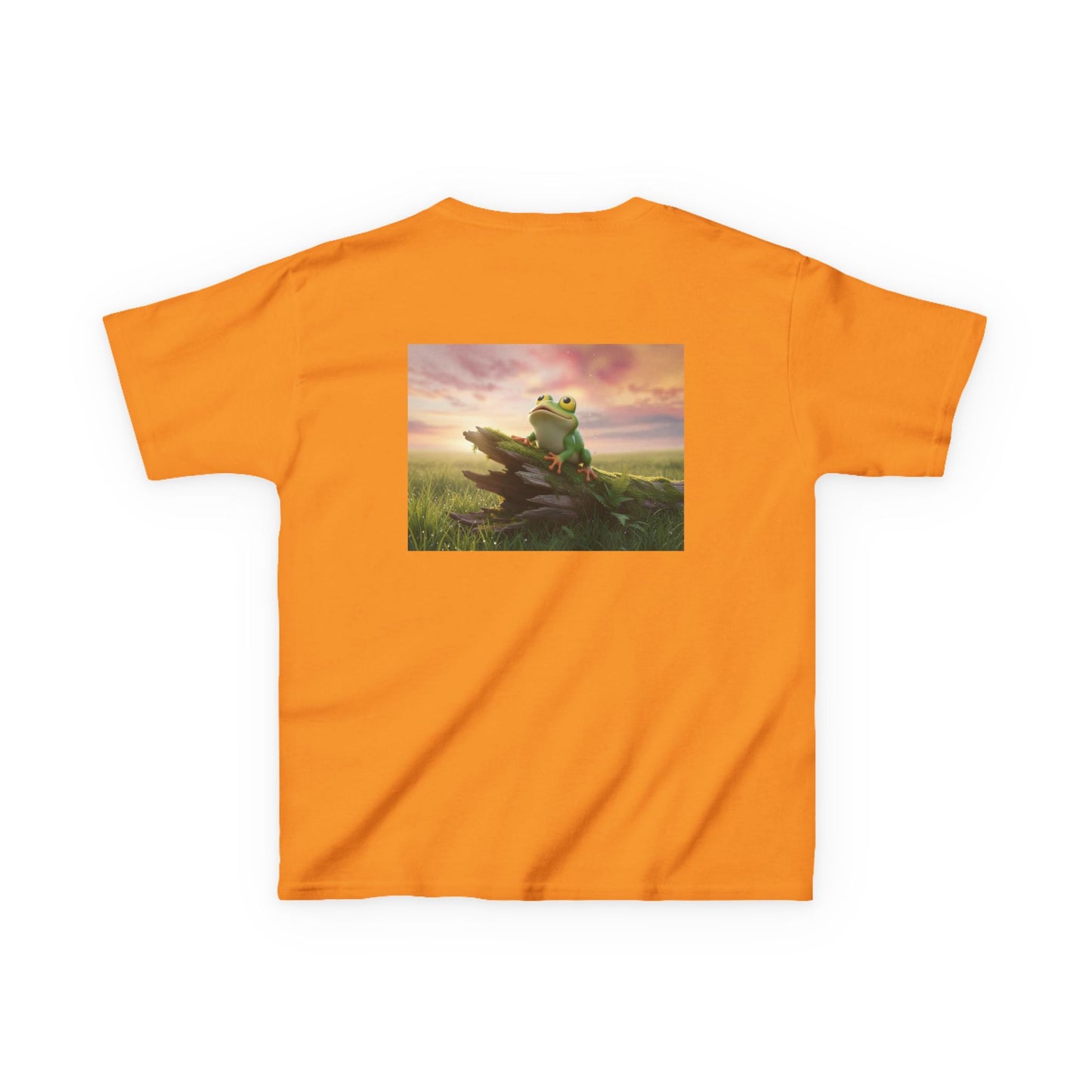 Kids Farley the Frog Tee — Cute Wide‑Eyed Frog Graphic T-Shirt (Front Face + Back Meadow Scene)