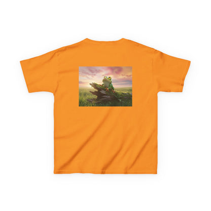 Kids Farley the Frog Tee — Cute Wide‑Eyed Frog Graphic T-Shirt (Front Face + Back Meadow Scene)