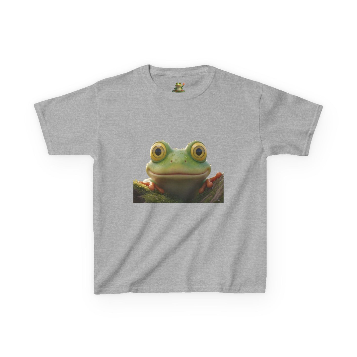Kids Farley the Frog Tee — Cute Wide‑Eyed Frog Graphic T-Shirt (Front Face + Back Meadow Scene)