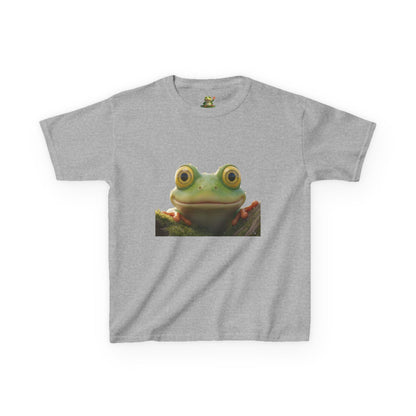 Kids Farley the Frog Tee — Cute Wide‑Eyed Frog Graphic T-Shirt (Front Face + Back Meadow Scene)
