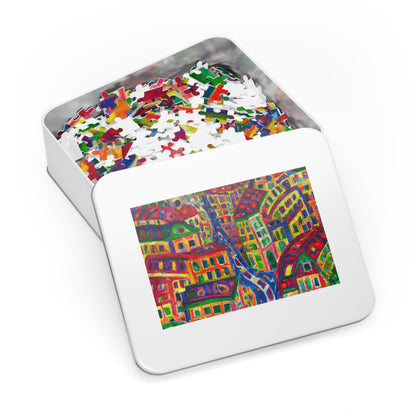 Cityscape Jigsaw Puzzle (Tin) — Colorful Abstract Village Puzzle for Adults & Kids