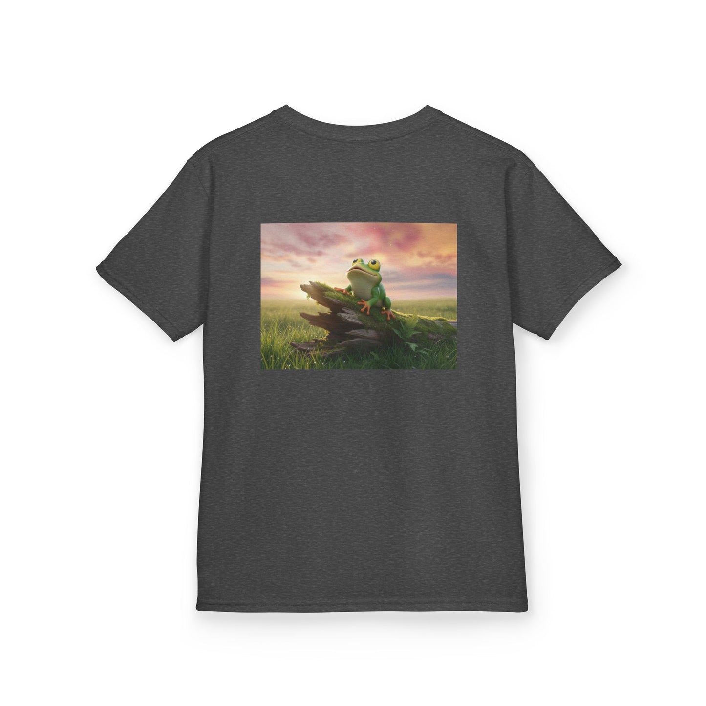 Kids Farley the Frog Tee — Cute Wide‑Eyed Frog Graphic T-Shirt (Front Face + Back Meadow Scene)