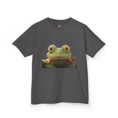 Kids Farley the Frog Tee — Cute Wide‑Eyed Frog Graphic T-Shirt (Front Face + Back Meadow Scene)