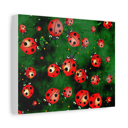 Ladybug Garden Canvas Print — Whimsical Red Ladybugs on Green Background, Stretched Matte Wall Art