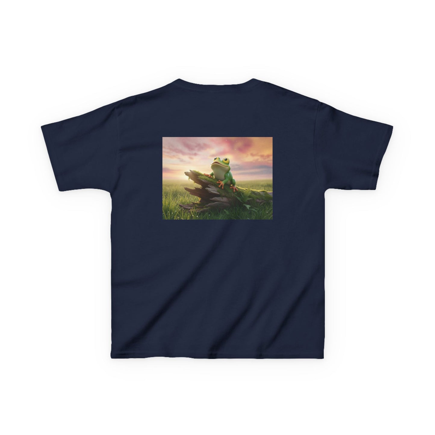 Kids Farley the Frog Tee — Cute Wide‑Eyed Frog Graphic T-Shirt (Front Face + Back Meadow Scene)