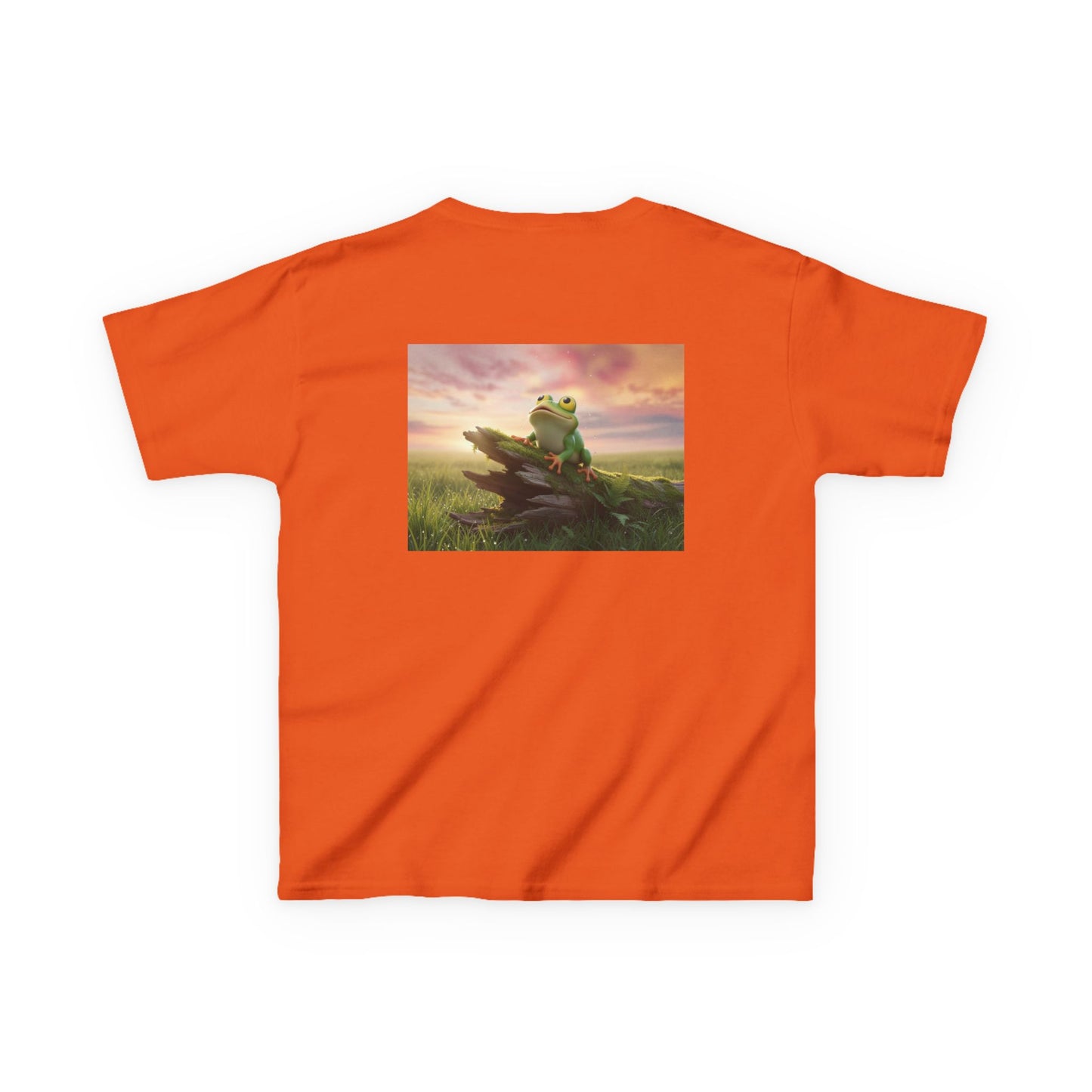 Kids Farley the Frog Tee — Cute Wide‑Eyed Frog Graphic T-Shirt (Front Face + Back Meadow Scene)