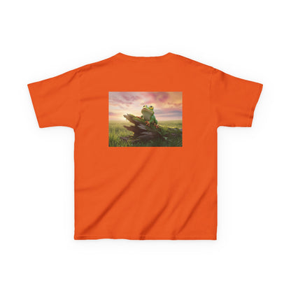 Kids Farley the Frog Tee — Cute Wide‑Eyed Frog Graphic T-Shirt (Front Face + Back Meadow Scene)