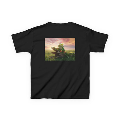 Kids Farley the Frog Tee — Cute Wide‑Eyed Frog Graphic T-Shirt (Front Face + Back Meadow Scene)