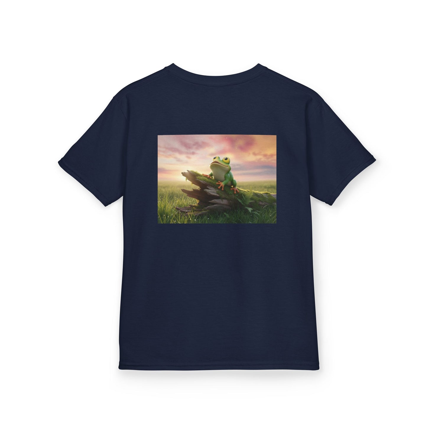 Kids Farley the Frog Tee — Cute Wide‑Eyed Frog Graphic T-Shirt (Front Face + Back Meadow Scene)