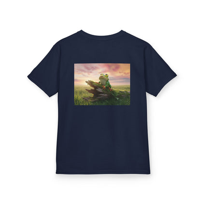 Kids Farley the Frog Tee — Cute Wide‑Eyed Frog Graphic T-Shirt (Front Face + Back Meadow Scene)