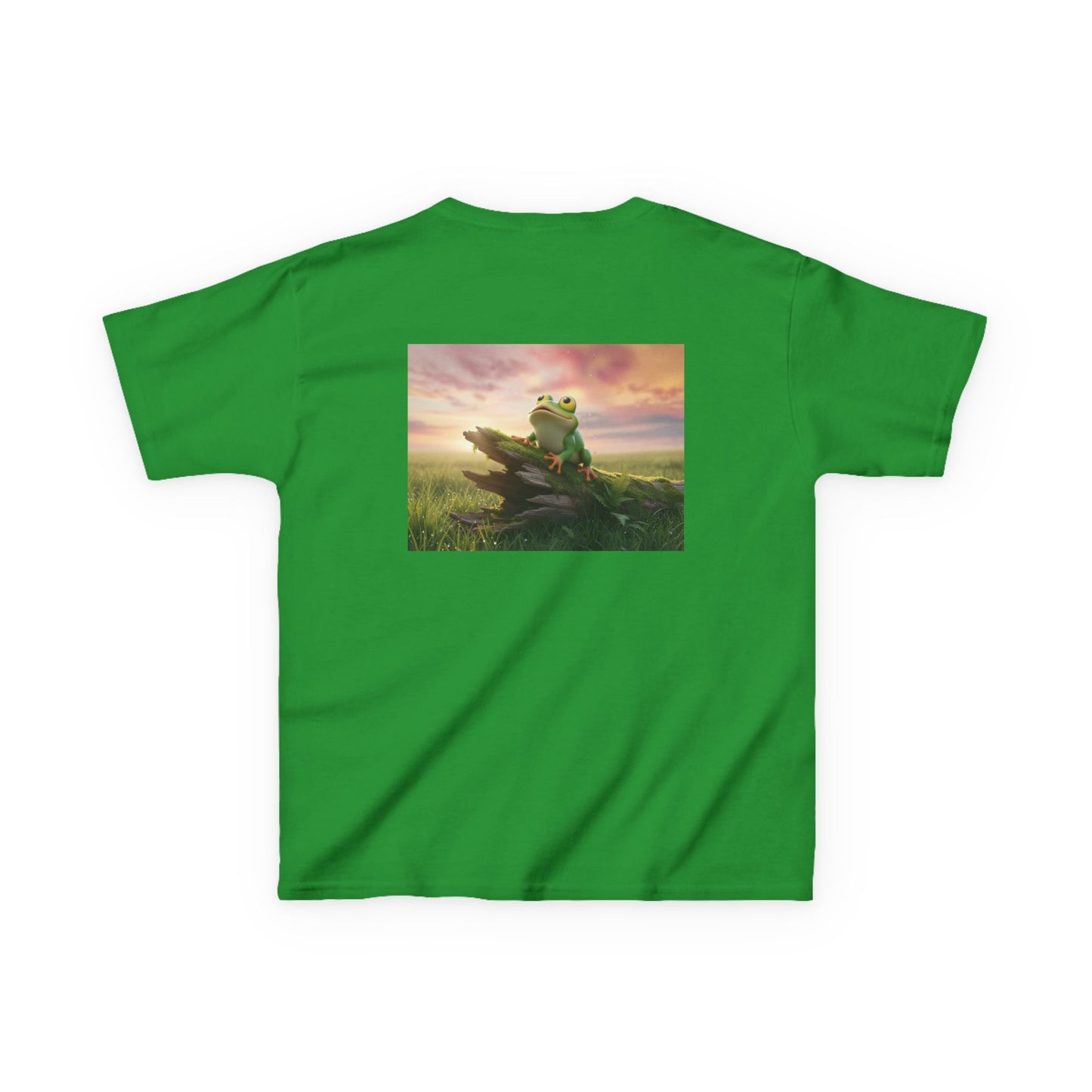 Kids Farley the Frog Tee — Cute Wide‑Eyed Frog Graphic T-Shirt (Front Face + Back Meadow Scene)