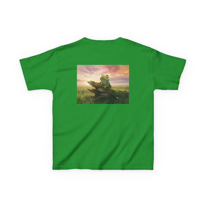 Kids Farley the Frog Tee — Cute Wide‑Eyed Frog Graphic T-Shirt (Front Face + Back Meadow Scene)