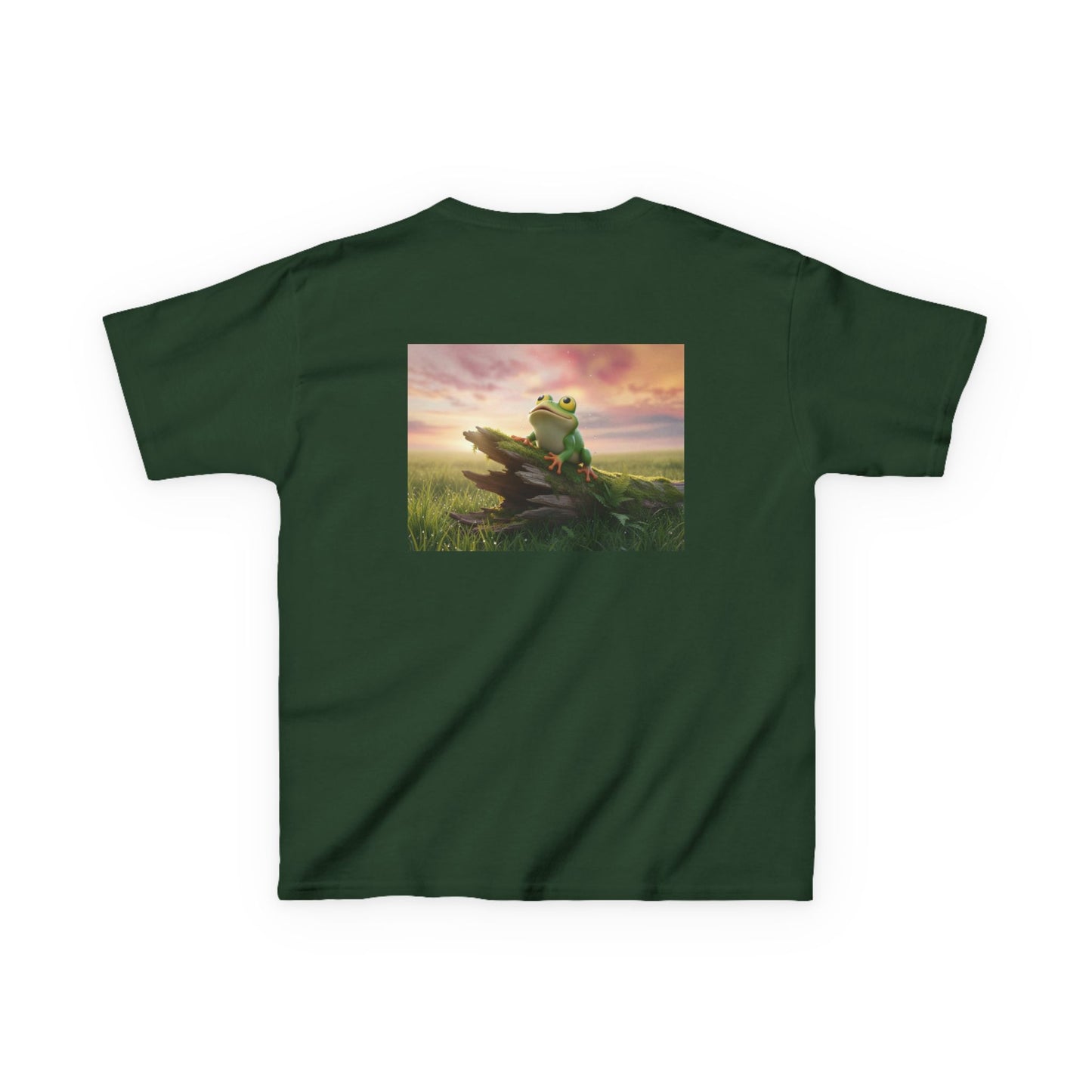 Kids Farley the Frog Tee — Cute Wide‑Eyed Frog Graphic T-Shirt (Front Face + Back Meadow Scene)